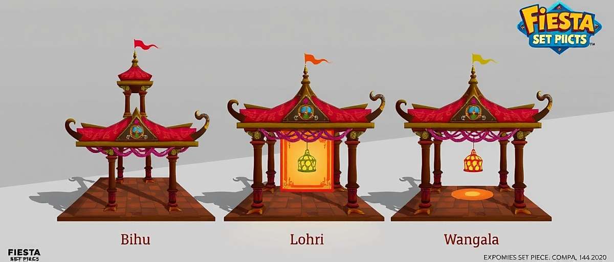 Fiesta Set Piece Specialists Future Festival Expansions Concept art for upcoming Fiesta Set Piece Specialists regional festival expansions showing Bihu, Lohri, and Wangala celebrations