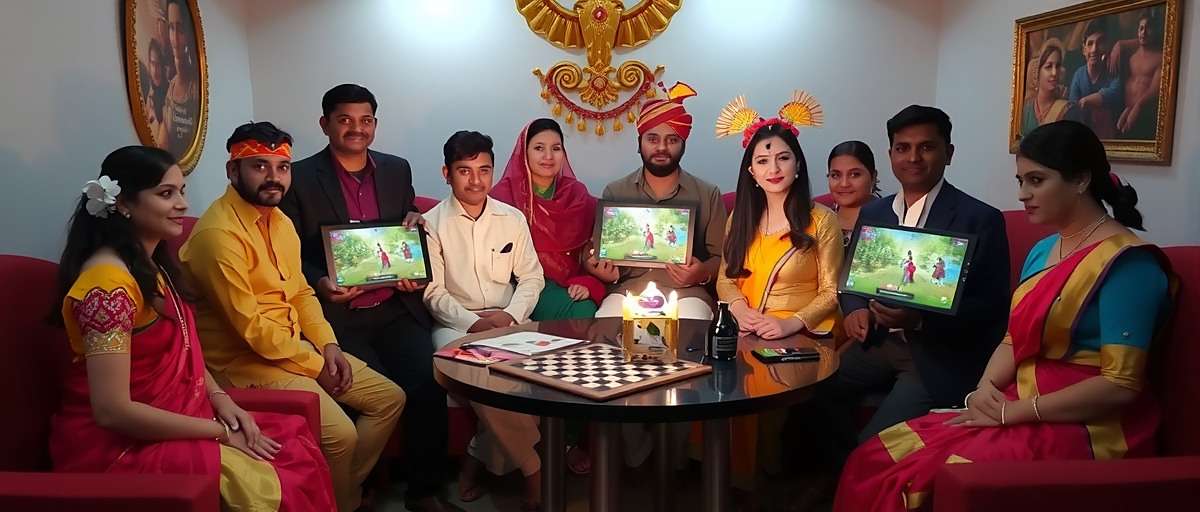 Fiesta Set Piece Specialists Community Meetup Fiesta Set Piece Specialists community meetup in Mumbai with players wearing traditional festival attire and displaying their in-game set pieces on screens