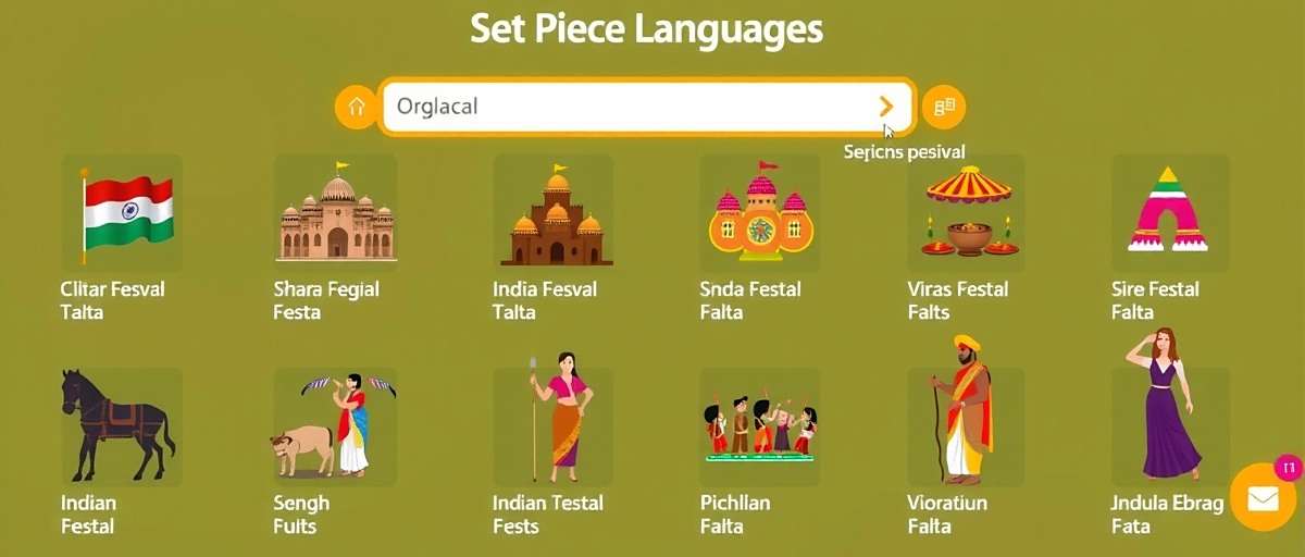 Fiesta Set Piece Specialists Multi-language Support Fiesta Set Piece Specialists language selection screen showing multiple Indian language options with regional festival illustrations